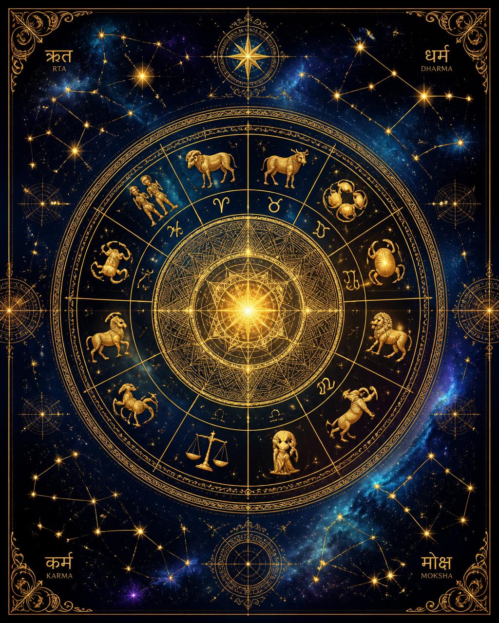Vedic zodiac mandala with golden constellations